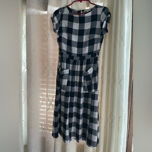 LOFT Gingham Plaid Linen Blend Midi Dress, XXS petite, black & white UEC